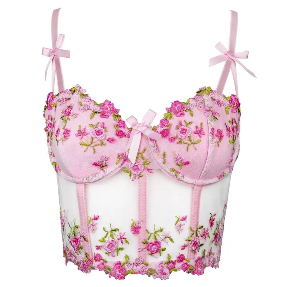 Pink Floral Embroidered Bustier Crop Top